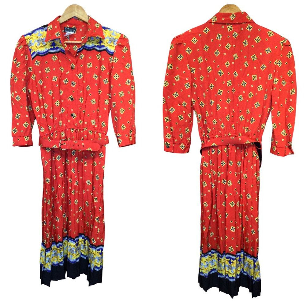 Vintage Brel Originals Red Floral Dress Size 10 Belt Cottagecore Rockabilly